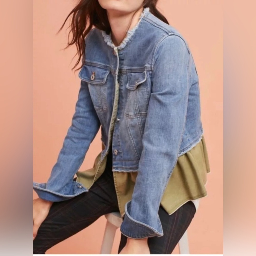 Pilcro And The Letterpress @ Anthropologie Olive Peplum Denim Jacket Size Small